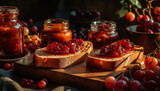 Rustic table with homemade bread and preserves generated by AI