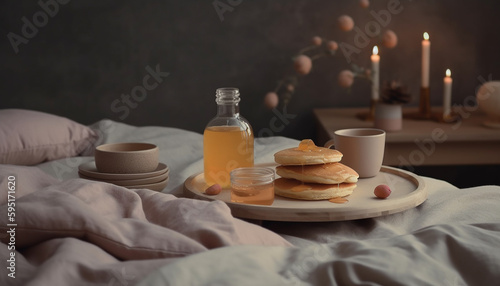 Comfortable bed, sweet snack, and hot coffee generated by AI © Stockgiu