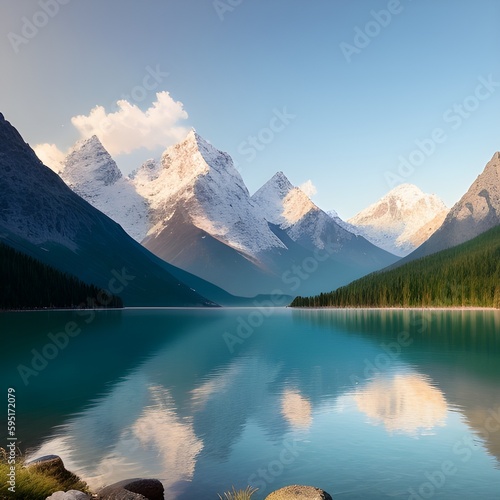 A mountain range is reflected in the still water of a lake