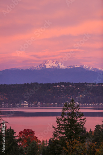 Bremerton, Washington State, USA. Olympic Mountain, pink sunrise, Puget Sound