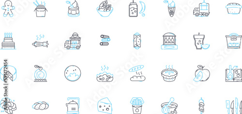 Snack linear icons set. Chips, Popcorn, Pretzels, Crackers, Nuts, Beefjerky, Granola line vector and concept signs. Trailmix,Yogurt,GranolaBars outline illustrations