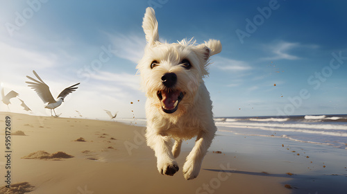 A loyal and friendly dog on a sunny beach with a lively atmosphere. Generative AI
