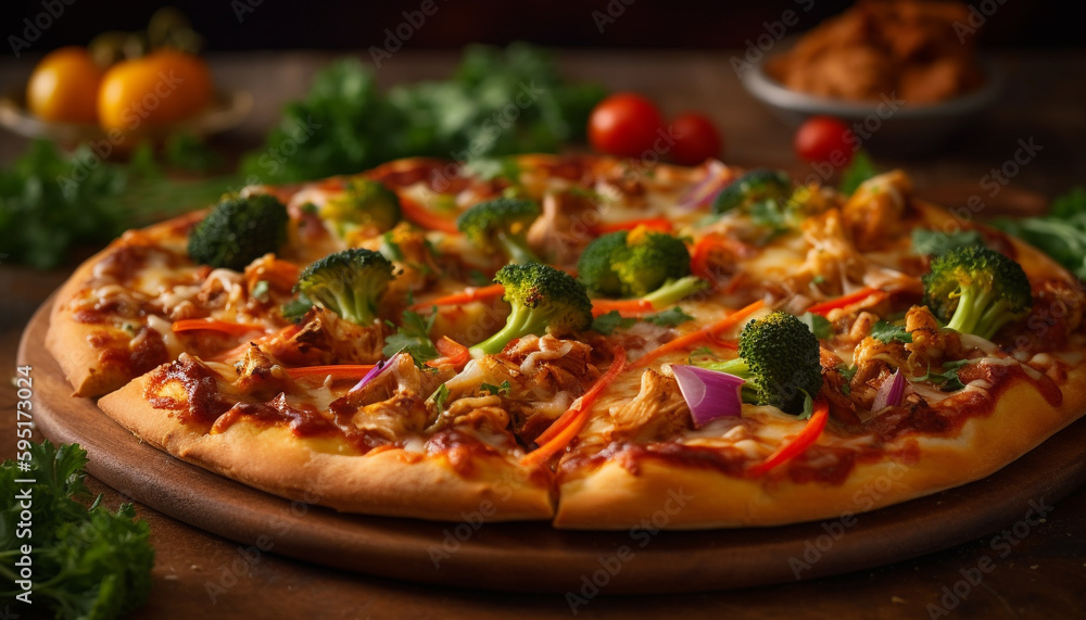 Freshly baked pizza on rustic wooden table generated by AI Freshly baked pizza on rustic wooden table generated by AI