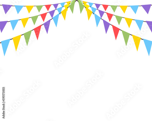 Celebrate hanging triangular garlands. Colorful perspective flags party isolated on white background. Birthday, Christmas, anniversary, and festival fair concept. Vector illustration.
