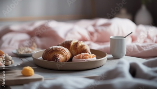 Fresh croissant and coffee on cozy bed generated by AI