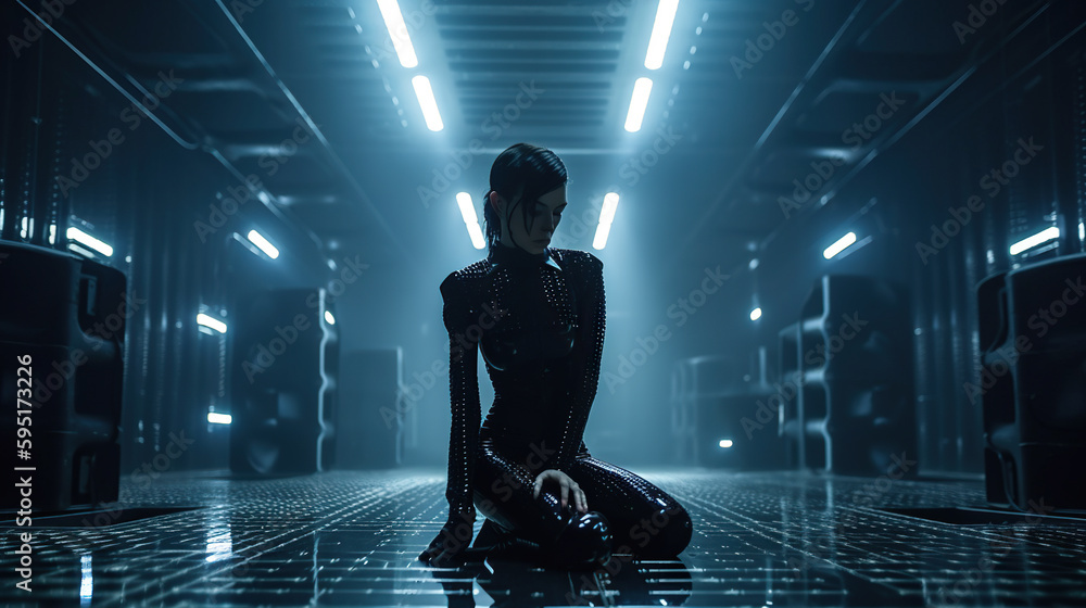 Obraz premium Cyborg woman sitting on the floor in server room. Future technology concept. Generative AI