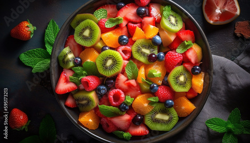 Fresh berry salad with kiwi and mint leaf generated by AI