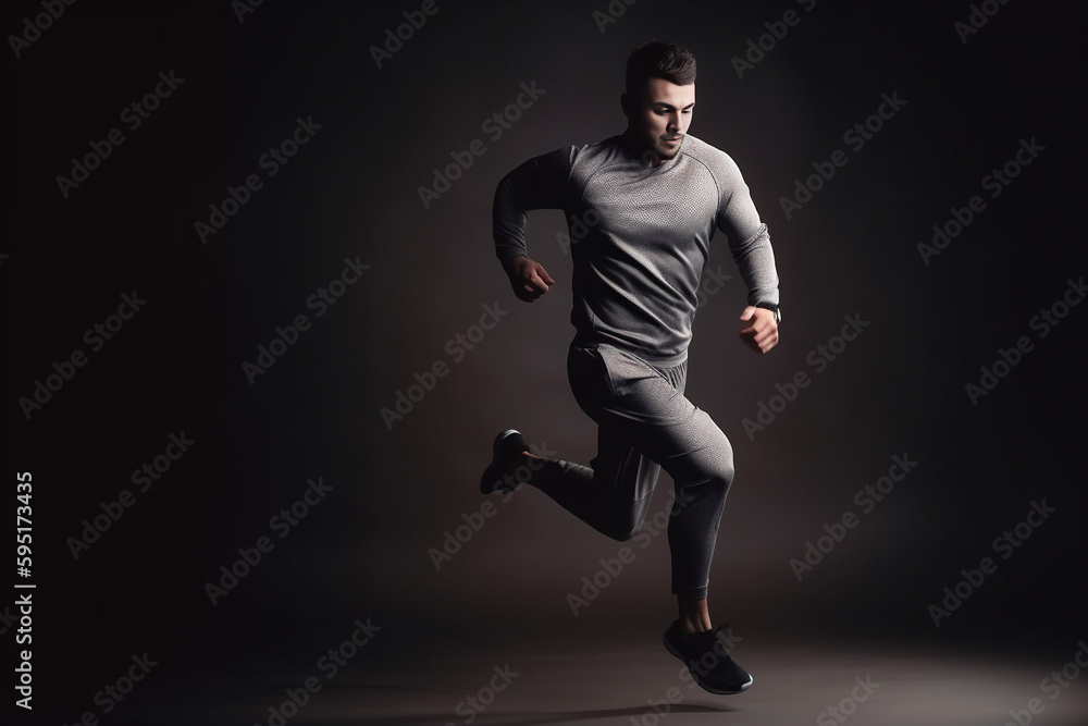 Full length portrait of a sporty young man running against black background. Generative AI Full length portrait of a sporty young man running against black background. Generative AI