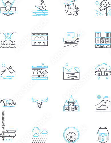 Trip linear icons set. Adventure, Explore, Sightseeing, Discovery, Relaxation, Escape, Vacation line vector and concept signs. Memories,Journey,Culture outline illustrations