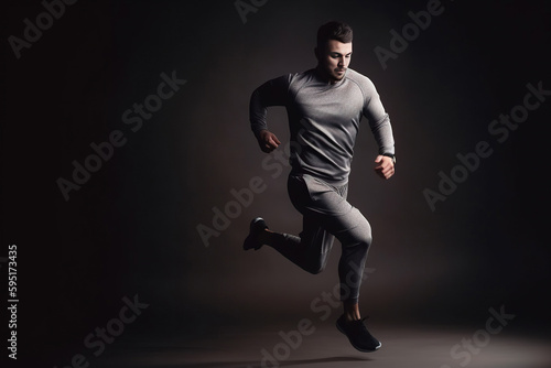 Full length portrait of a sporty young man running against black background. Generative AI