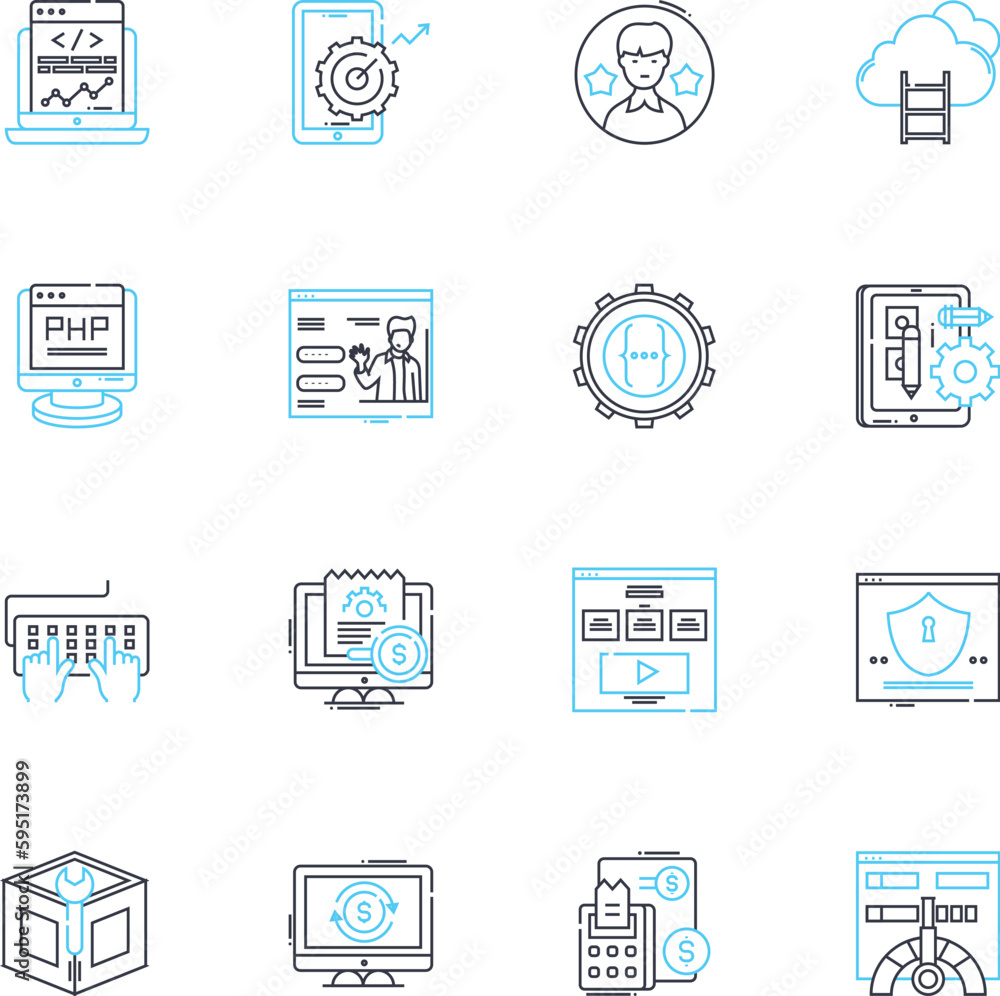Computer Science linear icons set. Algorithm, Binary, Cache, Compiler, CPU, Database, Debugging line vector and concept signs. Encryption,Firewall,Framework outline illustrations Computer Science linear icons set. Algorithm, Binary, Cache, Compiler, CPU, Database, Debugging line vector and concept signs. Encryption,Firewall,Framework outline illustrations