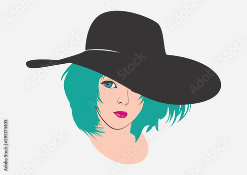 Alluring and Elegance - Glamorous and Bold Green-Haired Lady with a Stylish Black Hat Vector Illustration