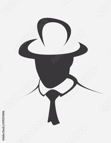 Mysterious Gentleman - Black and White Silhouette Portrait of a Suave Man in Fedora Hat, Suit and Tie Vector Artwork