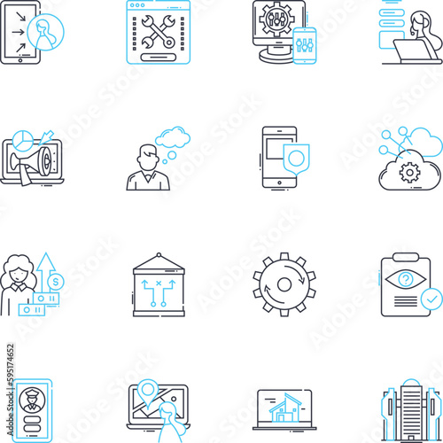 Social advertising linear icons set. Engagement, Targeting, Impressions, Conversion, CTA (Call-to-Action), ROI (Return on Investment), Metrics line vector and concept signs. Analytics,Branding