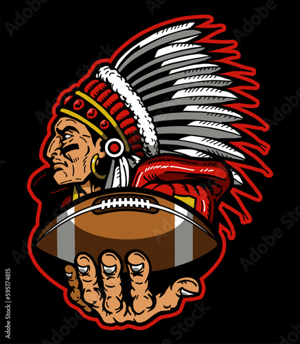 indian chief mascot holding football for school, college or league sports