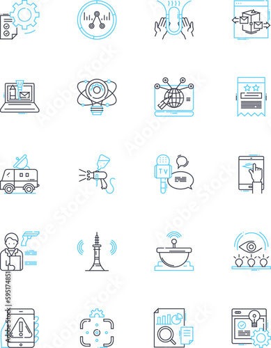 Exhibitions and shows linear icons set. Display, Showcase, Expo, Gallery, Event, Performance, Art line vector and concept signs. Trade show,Spectacle,Exhibition outline illustrations