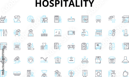 Hospitality linear icons set. Accommodation, Service, Hospitality, Comfort, Experience, Amenities, Welcome vector symbols and line concept signs. Reception,Customer,Impression illustration