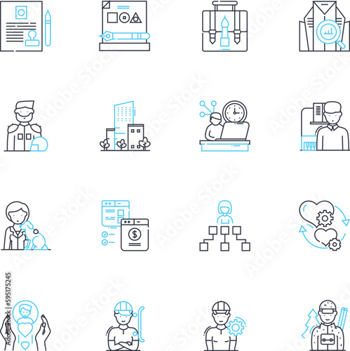 Trade work linear icons set. Carpentry, Plumbing, Electrical, Masonry, Welding, Painting, Roofing line vector and concept signs. Landscaping,Flooring,Drywalling outline illustrations