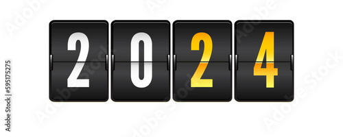 Happy New Year 2024. Analog mechanical flip timetable on clean white
