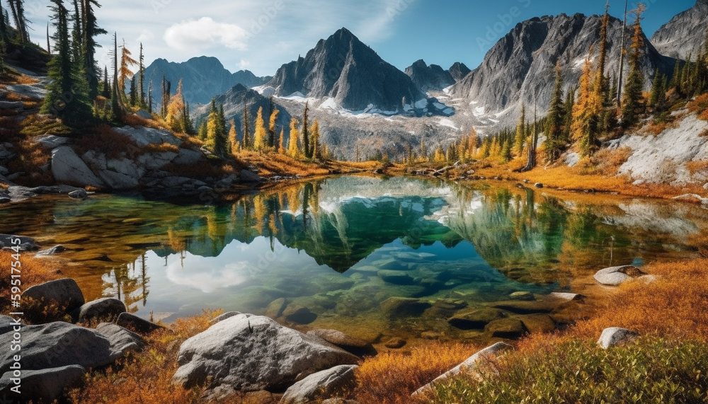 Majestic mountain range reflects tranquil autumn sunset generated by AI