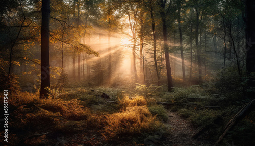Mysterious autumn forest, foggy sunrise, vibrant colors generated by AI