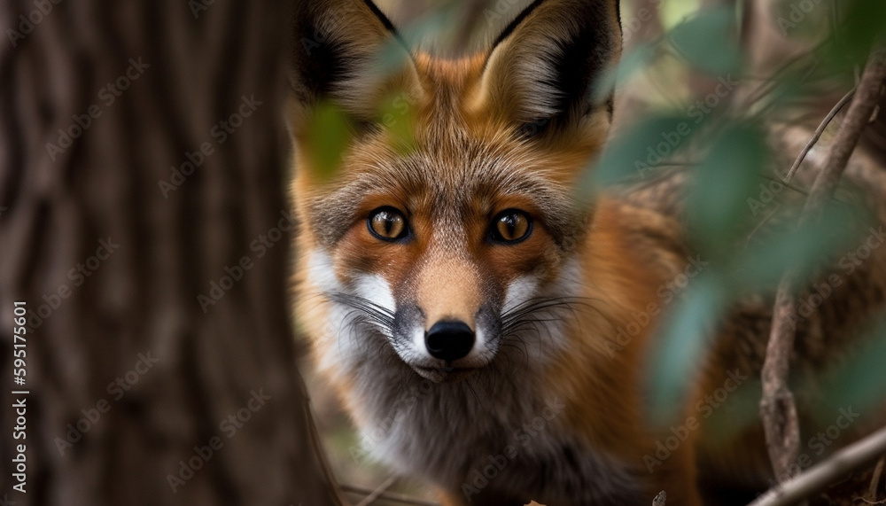 Red fox staring, alert in natural beauty generated by AI Red fox staring, alert in natural beauty generated by AI