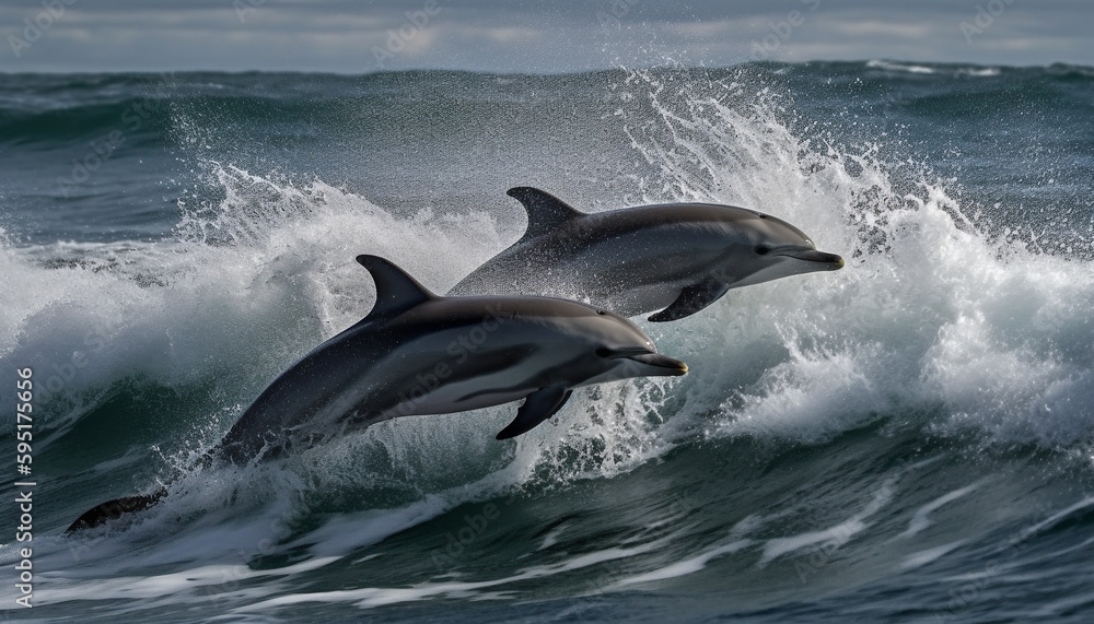 Fototapeta premium Playful bottle nosed dolphin jumping in blue water generated by AI