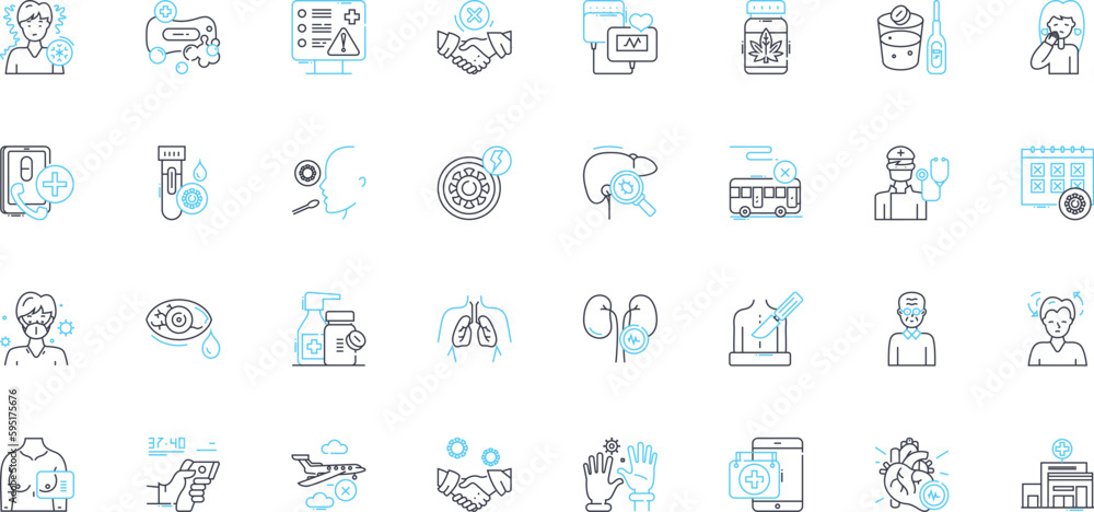 Infection cure linear icons set. Antibiotics, Vaccines, Immunity, Herbs, Hygiene, Antivirals, Sanitation line vector and concept signs. Fungicides,Sterilization,Medication outline illustrations