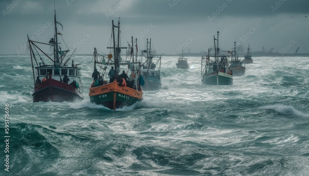 Sailing ship on blue sea, fishing industry working generated by AI