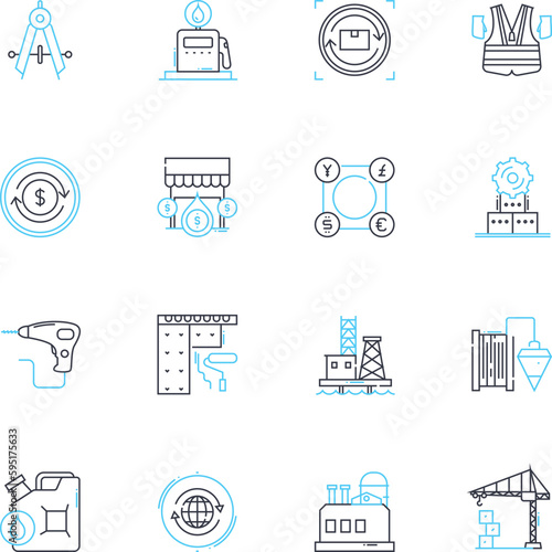 Production facility linear icons set. Assembly, Manufacturing, Automation, Quality, Machinery, Efficiency, Fabrication line vector and concept signs. Inventory,Packaging,Production outline