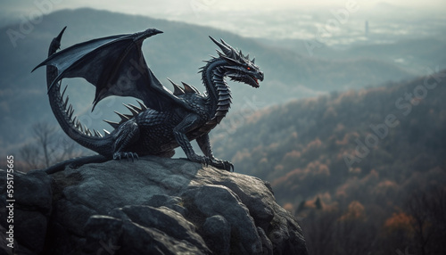 Majestic dragon soars over spooky mountain landscape generated by AI