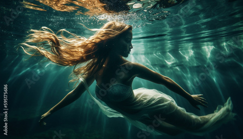 One woman, underwater, swimming with mermaid sensuality generated by AI