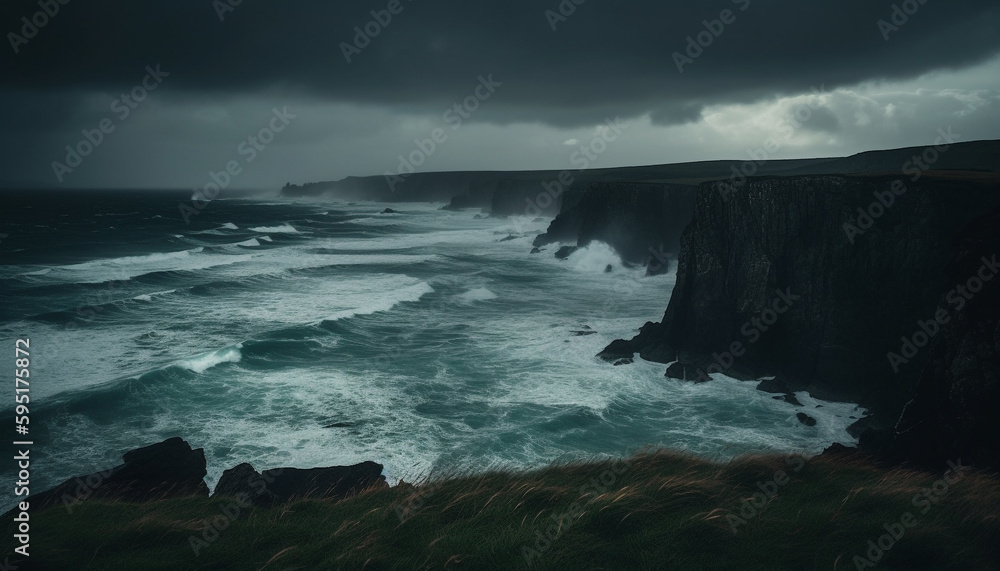 Majestic cliff, crashing waves, spray, no people generated by AI