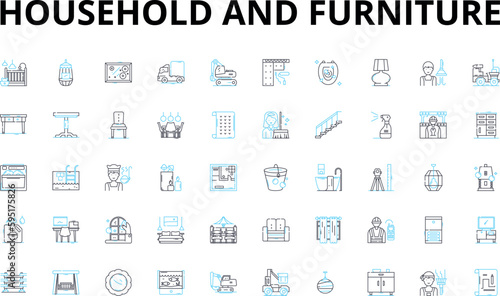 Household and furniture linear icons set. Sofa, Bed, Chair, Table, Shelf, Lamp, Rug vector symbols and line concept signs. Mirror,Couch,Cushion illustration