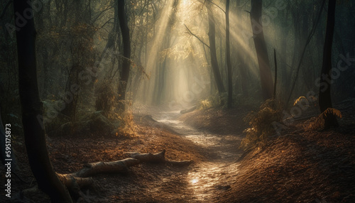 Mysterious forest path  autumn leaves  spooky beauty generated by AI