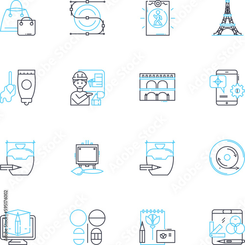 Engineering linear icons set. Design, Innovation, Technology, Sustainability, Mathematics, Mechanics, Automation line vector and concept signs. Analysis,Systems,Construction outline illustrations