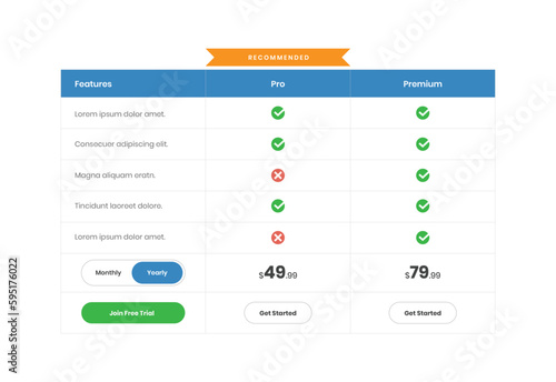 Business subscription plan comparison pricing table ui design