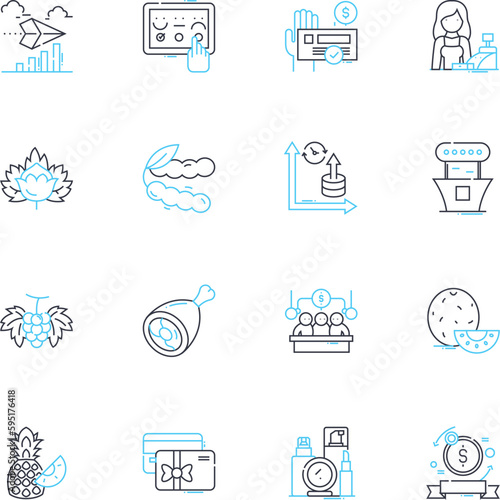 Trading hubs linear icons set. Markets, Exchanges, Auctions, Bids, Offers, Prices, Trades line vector and concept signs. Deals,Brokers,Platforms outline illustrations