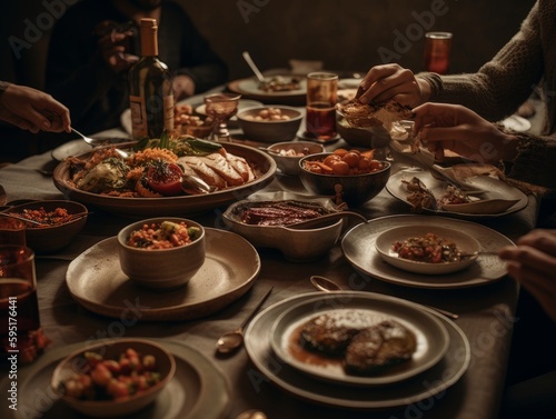 Close-up of hands holding cutlery over a table with plates of food