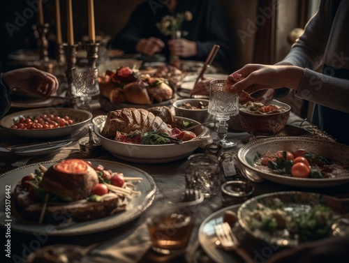 Close-up of hands holding cutlery over a table with plates of food