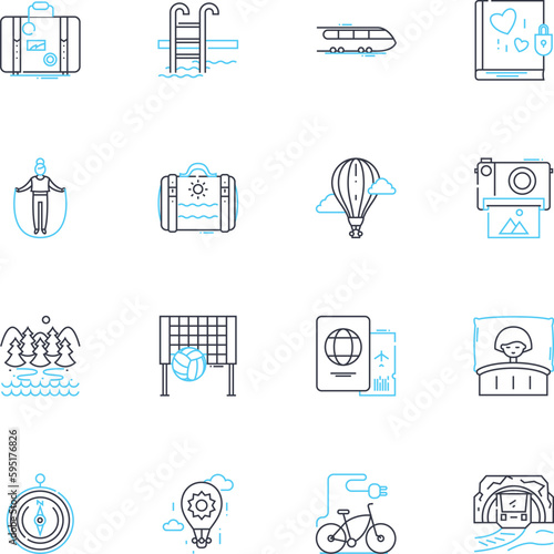 Expedition linear icons set. Exploration, Adventure, Quest, Trek, Journey, Traverse, Discover line vector and concept signs. Venture,Survey,Expeditionary outline illustrations