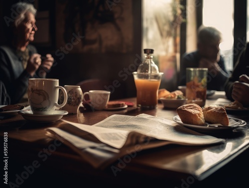 A table in a cafe with cups of coffee  pastries  and a book or newspaper  with people s silhouettes in the background