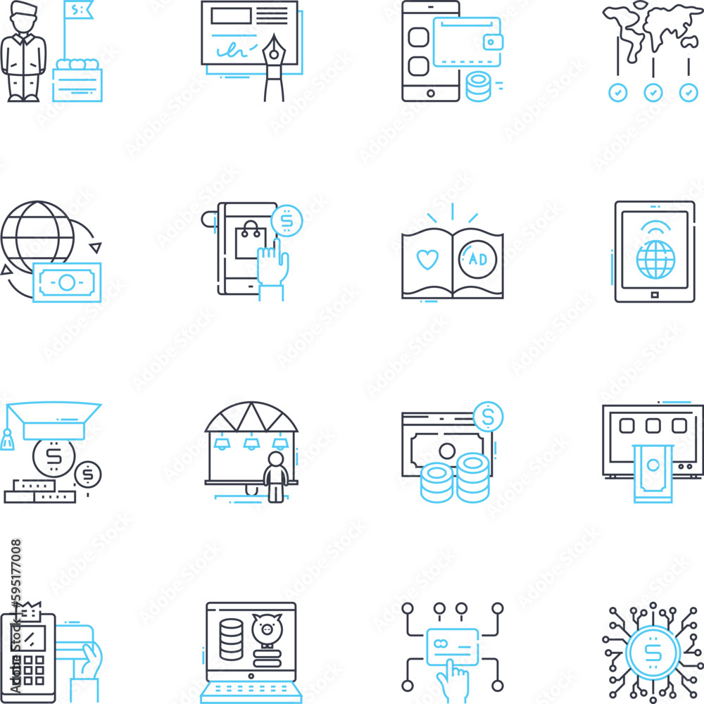 Mobile banking linear icons set. Convenience, Security, Efficiency, Accessibility, Automation, Flexibility, Mobility line vector and concept signs. Innovation,Speed,Transactions outline illustrations