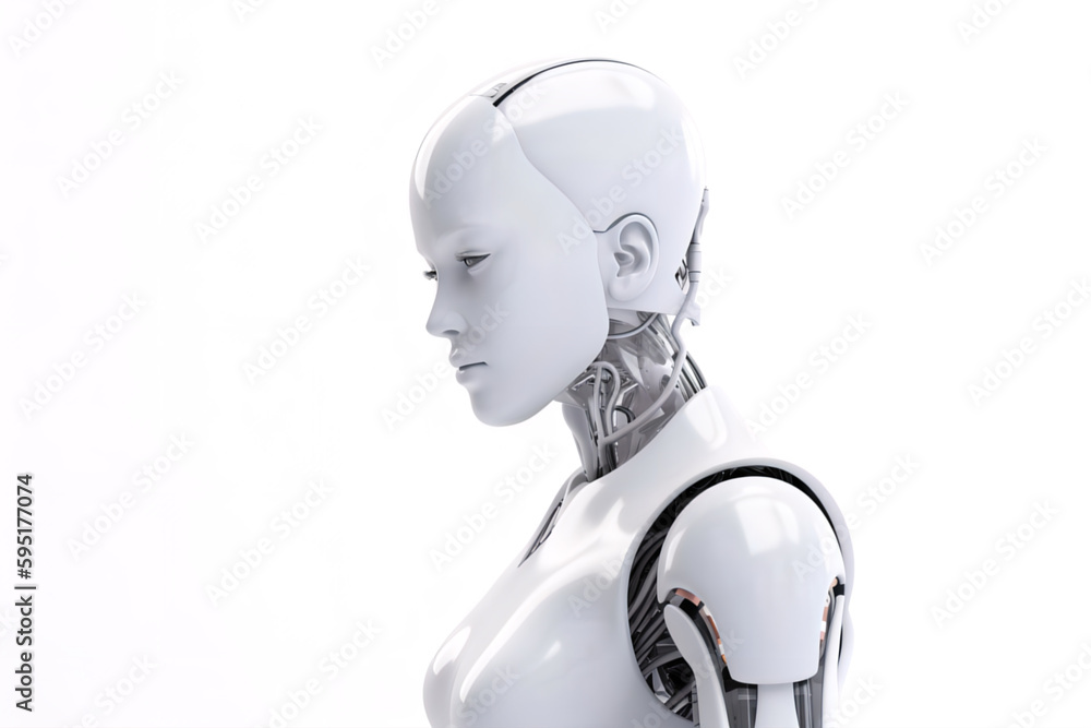Futuristic AI Robot Woman on white background. Created with generative AI technology. Futuristic AI Robot Woman on white background. Created with generative AI technology.