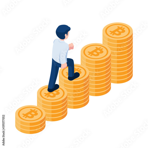 Isometric Businessman Walking Up on Growth Bitcoin Satck