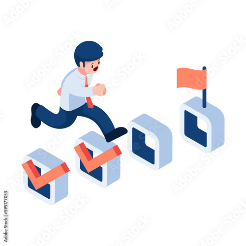 Isometric Businessman Running Up on Completed Tasks Checklist