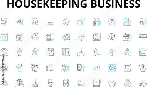 Housekeeping business linear icons set. Cleanliness, Sanitation, Tidiness, Scrubbing, Dusting, Vacuuming, Organization vector symbols and line concept signs. Disinfection,Polishing,Mopping