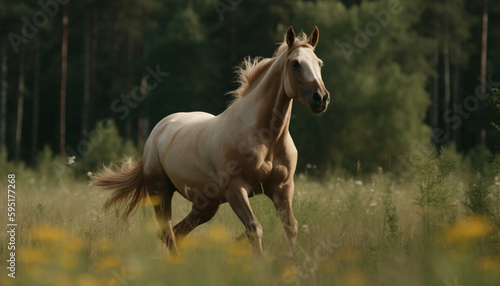 Thoroughbred stallion running free in green meadow generated by AI