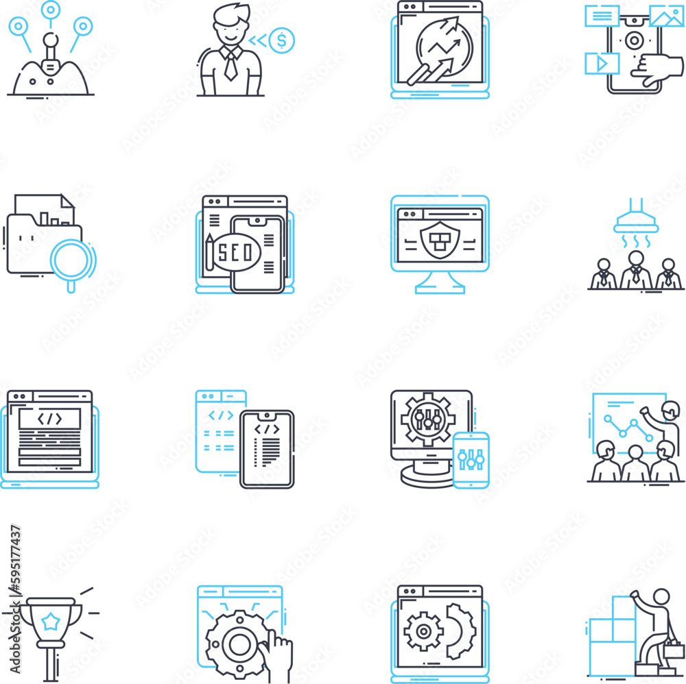 Software engineering linear icons set. Coding, Debugging, Programming, Algorithms, Architecture, Development, Testing line vector and concept signs. Optimization,Integration,Deployment outline