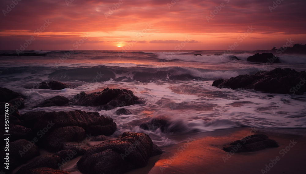 Obraz premium Dramatic sky over tranquil seascape at twilight generated by AI